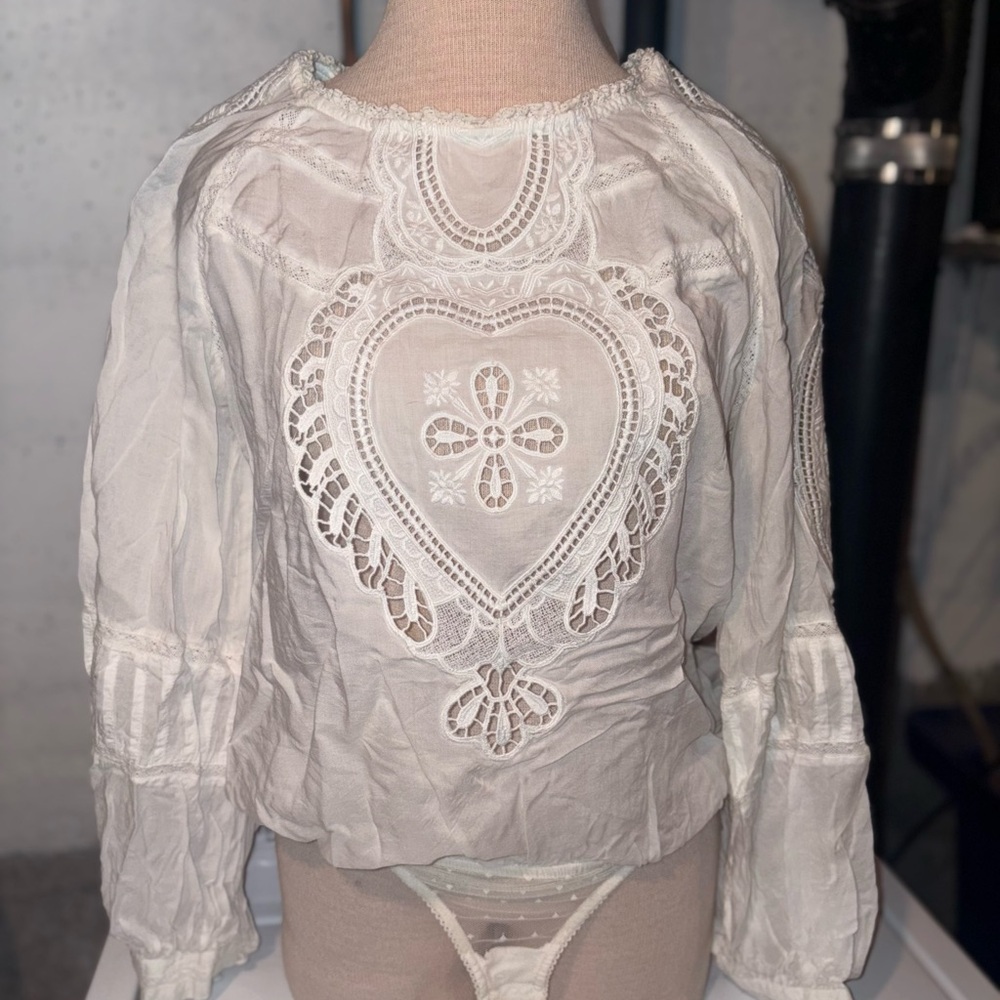 Free People Cream Lace Embroidered bodysuit